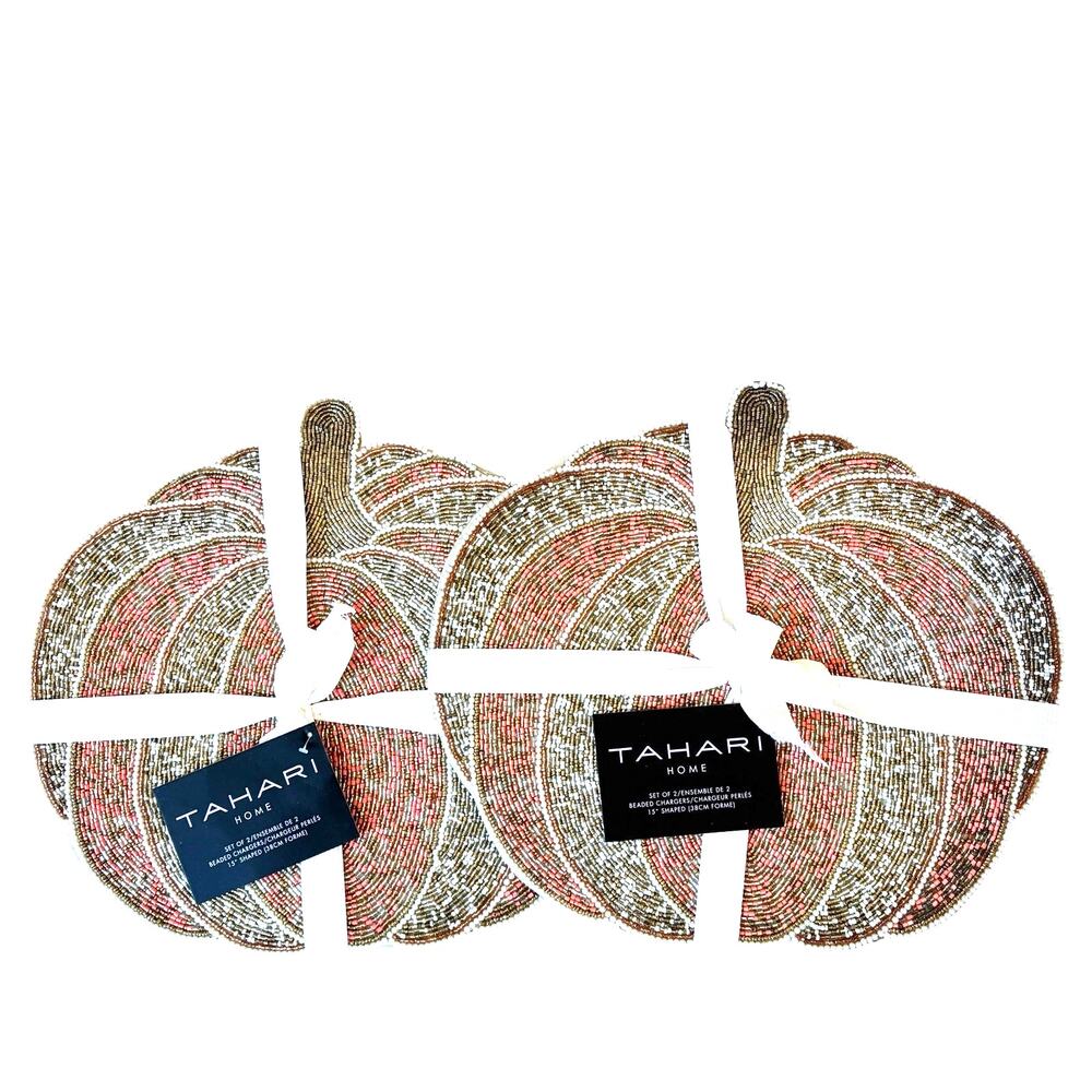 Tahari PINK PUMPKIN Beaded Placemat Charger 15in Gold Silver Holiday Glam NEW